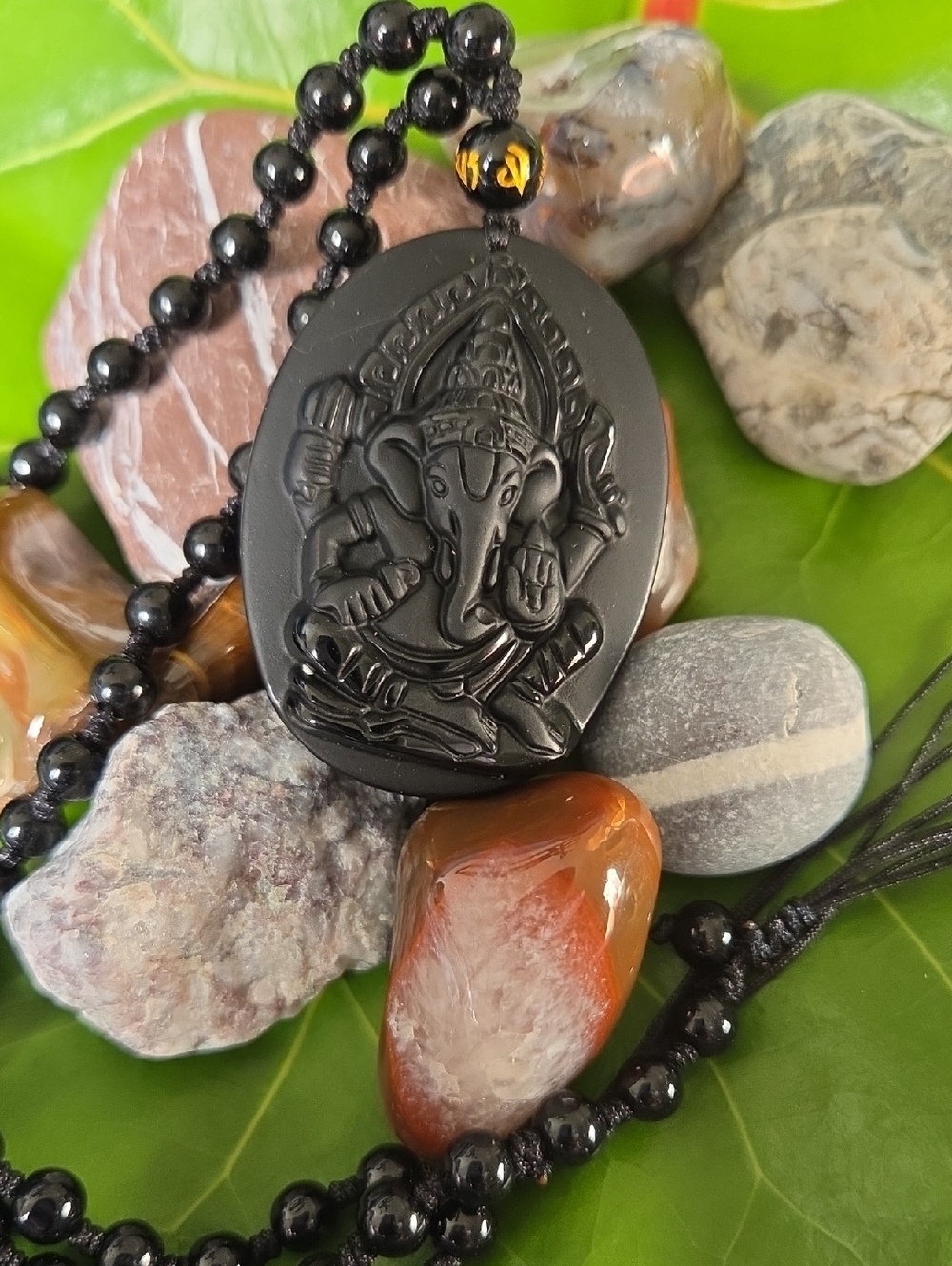 Hand-Carved Black Obsidian Ganesh Pendant Necklace.  NWT. Unisex.